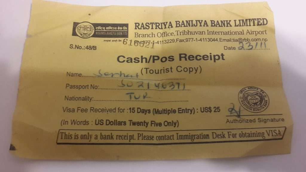 Nepal'e Gidiş-Dönüş ve Vize İşlemleri Ödeme Makbuzu